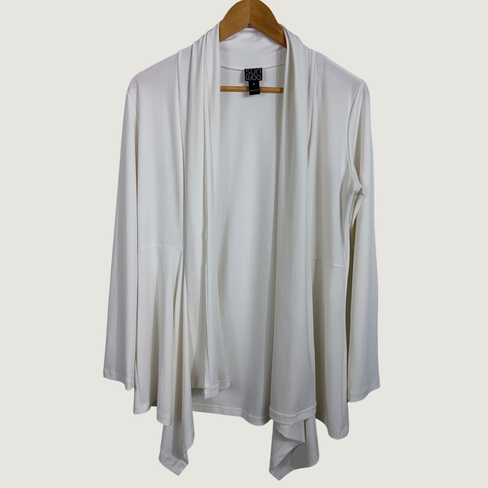 Clara Sunwoo Cardigan M White Open Front Draped Travel Minimalist Long Sleeve